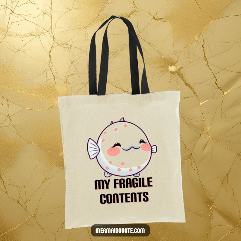 Funny Pufferfish Blushing Tote Bag: A charming tote featuring a shy pufferfish slightly inflating with a sparkling blush, great for errands.