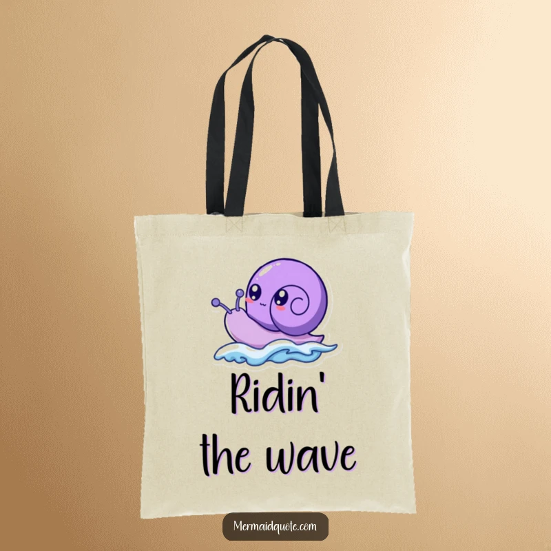 Funny purple sea snail creature with bubbly eyes, humorously shown riding a small wave, on a practical tote bag.