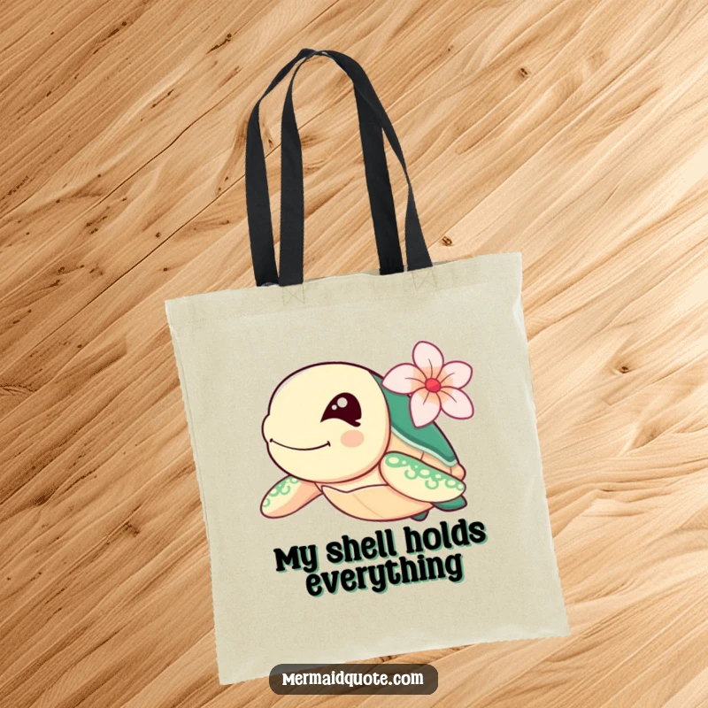Funny sea turtle winking with a flower, swimming fast, on a durable tote bag, great for shopping.