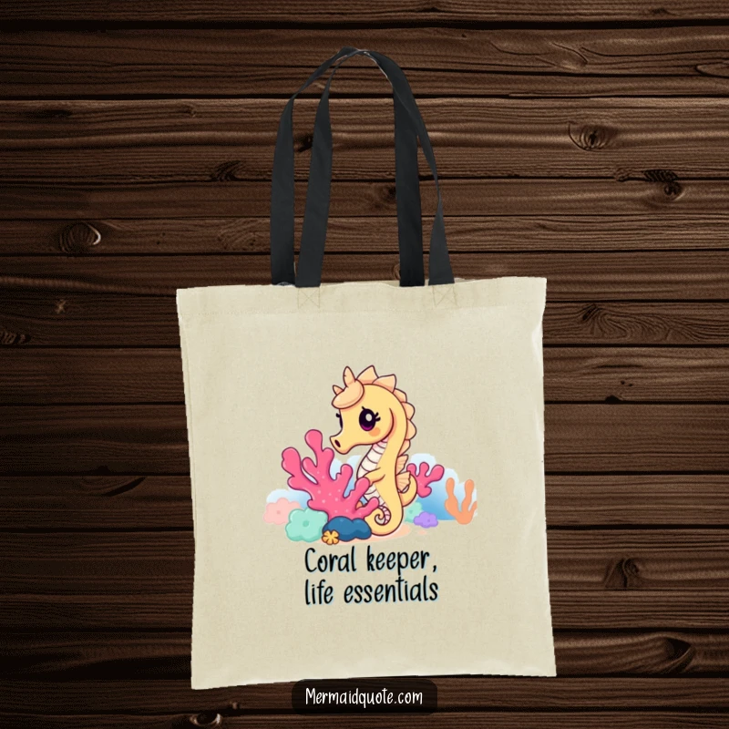 Funny seahorse tote bag featuring a curious seahorse peeking from colorful coral, perfect for carrying daily items with a touch of humor.