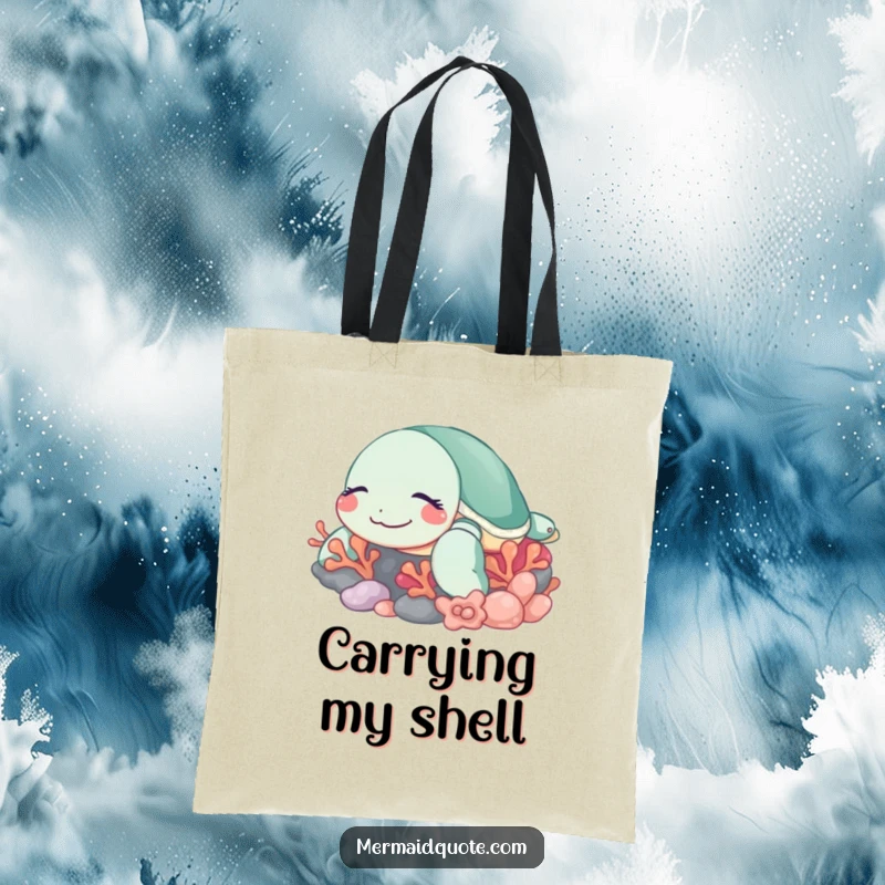 Funny sleeping turtle tote bag showing a content sea turtle with a gentle smile, resting peacefully near colorful coral reef.