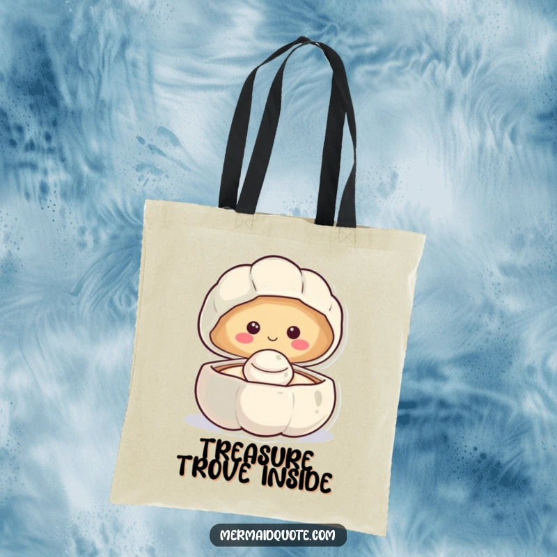 Funny smiling clam tote bag revealing a happy pearl, perfect for carrying essentials with a splash of ocean humor.