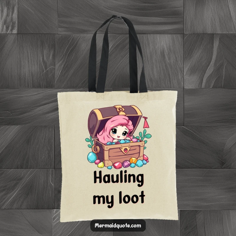 Funny tote bag showcasing a curious mermaid peeking from behind a pirate chest filled with glittering gems and treasure.