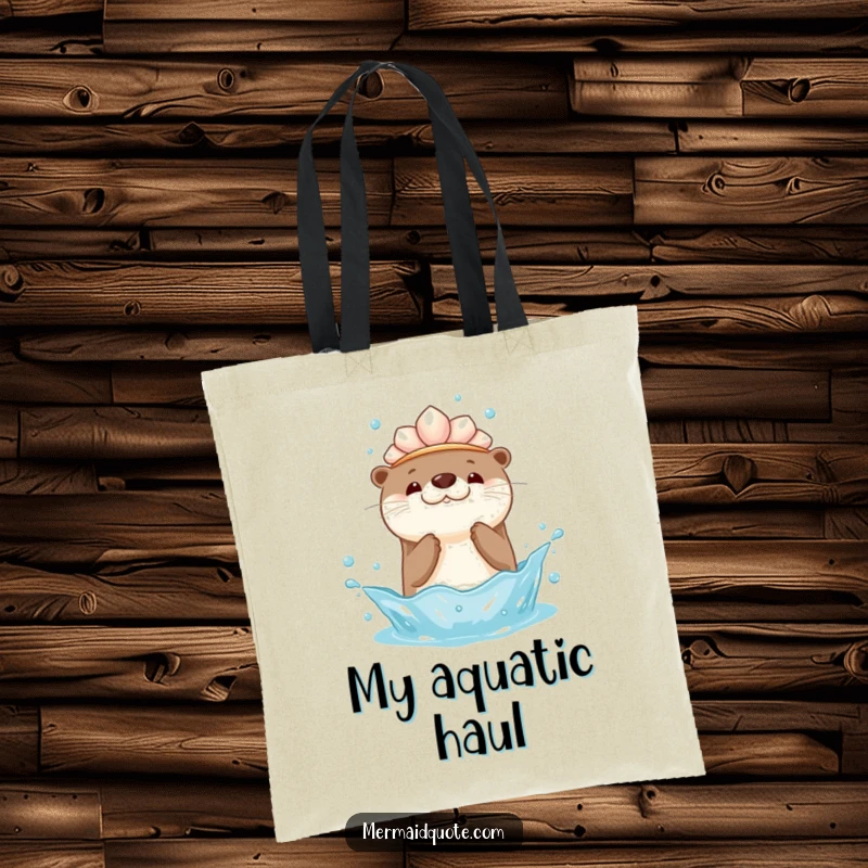 Funny tote bag illustration of a kawaii otter with a seashell crown, playfully splashing water upwards, ideal for carrying items with cute charm.