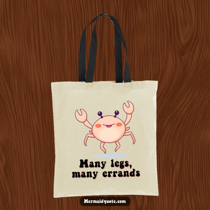 Funny little crab with extra legs doing a funny leg dance on a tote bag, humorous and functional.