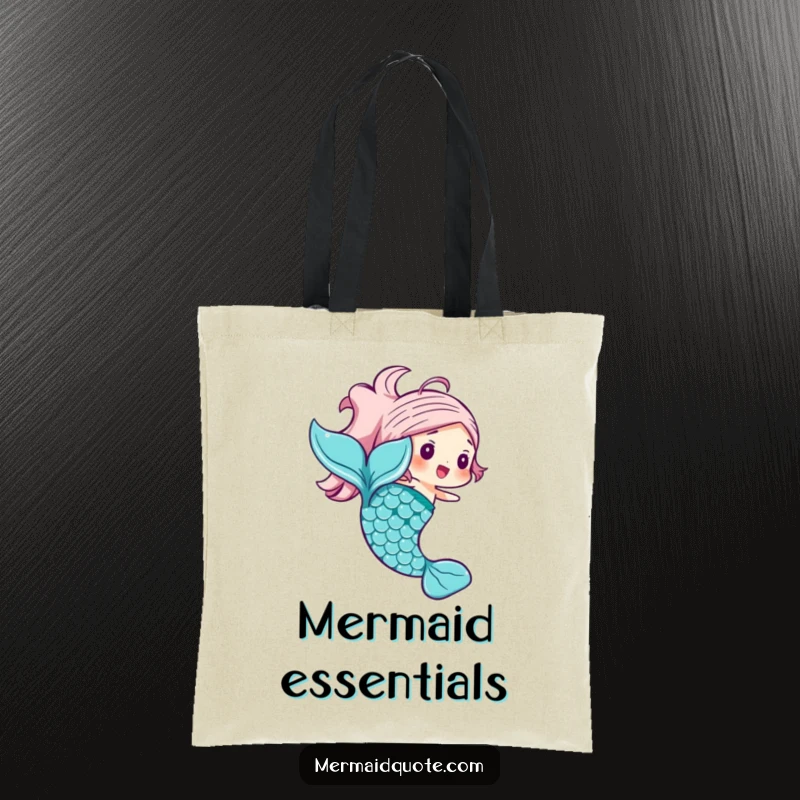 Funny mermaid tail tote bag showing a joyful character with shimmering scales in a swishing motion, ideal for shopping.