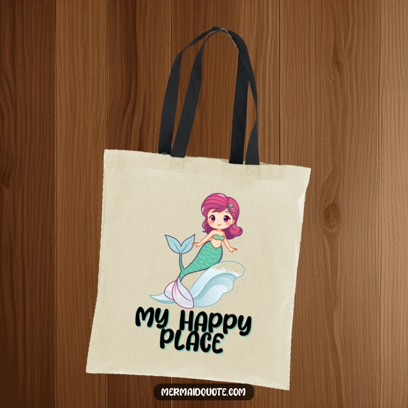 Funny tote bag showing a mermaid happily riding a wave, her tail swishing, a joyful accessory.