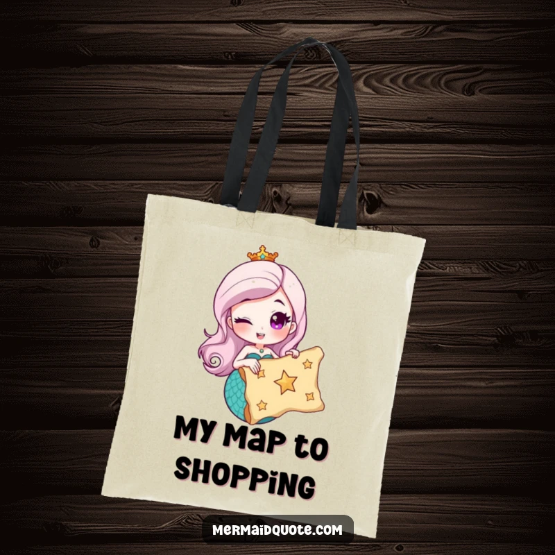 Funny tote bag showcasing a winking mermaid holding a treasure map with a star, perfect for carrying all your important items.
