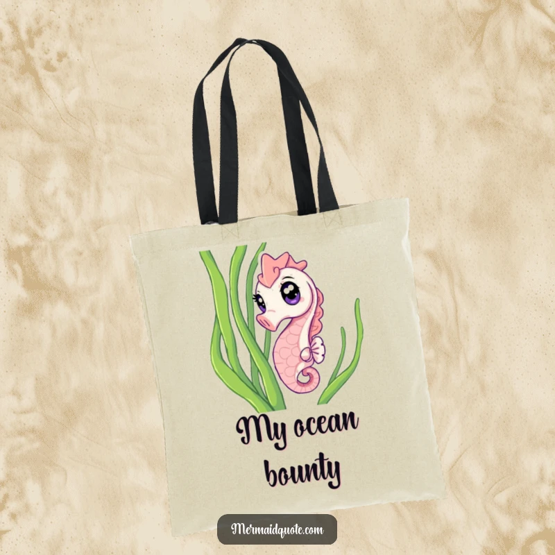 Funny Tote Bag showcasing a curious seahorse with sparkling eyes peeking from seaweed, ideal for carrying essentials with oceanic humor.