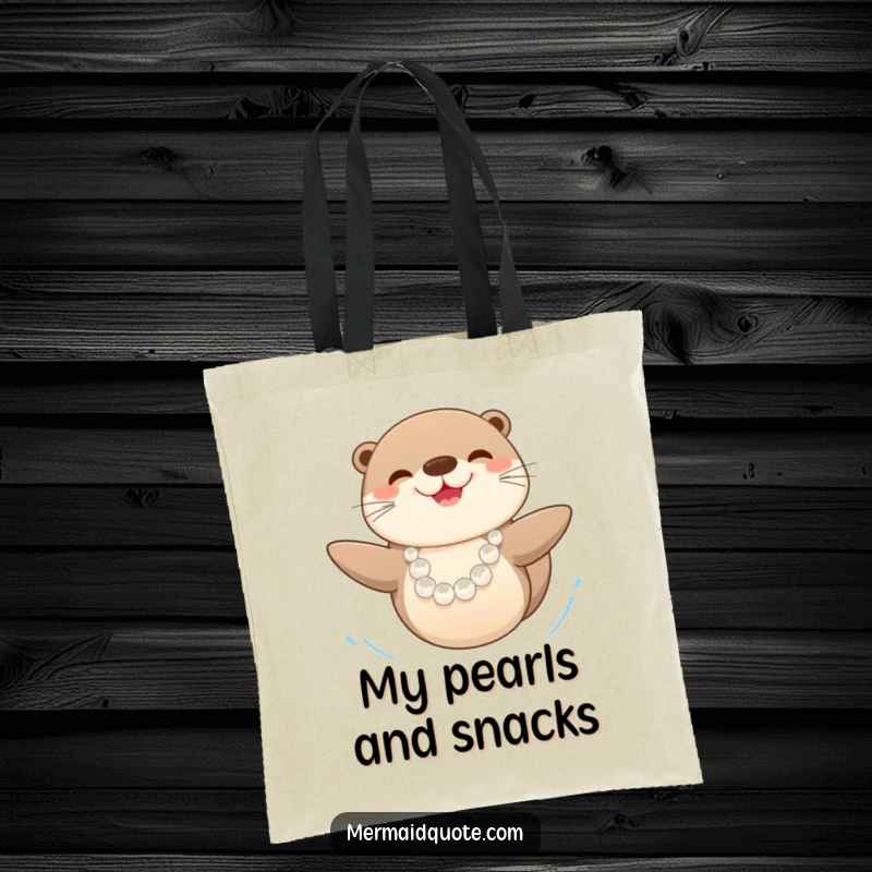 Funny happy sea otter with a chic pearl necklace, swimming joyfully, featured on a durable and fashionable tote bag.