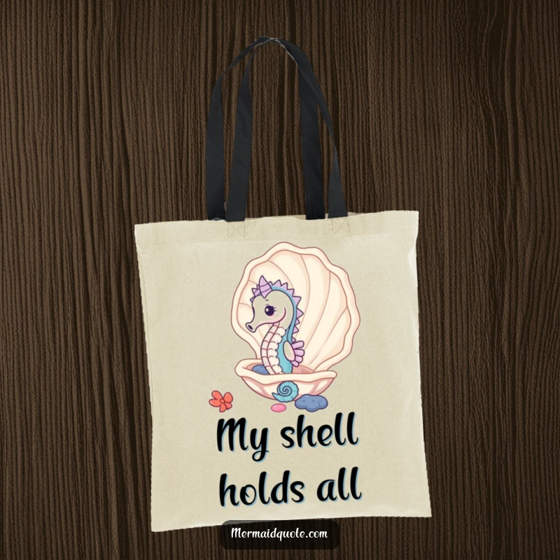 Funny cute seahorse peeking from a giant clam shell, a tote bag carrying ocean charm and humor.